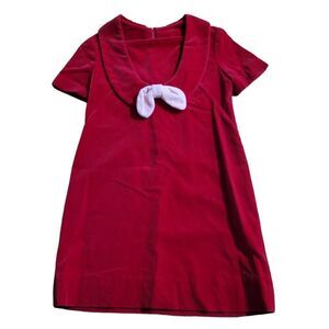 Red Velvet Scoop Neck Holiday Party Dress Retro Style Handmade Frock Girl SZ L